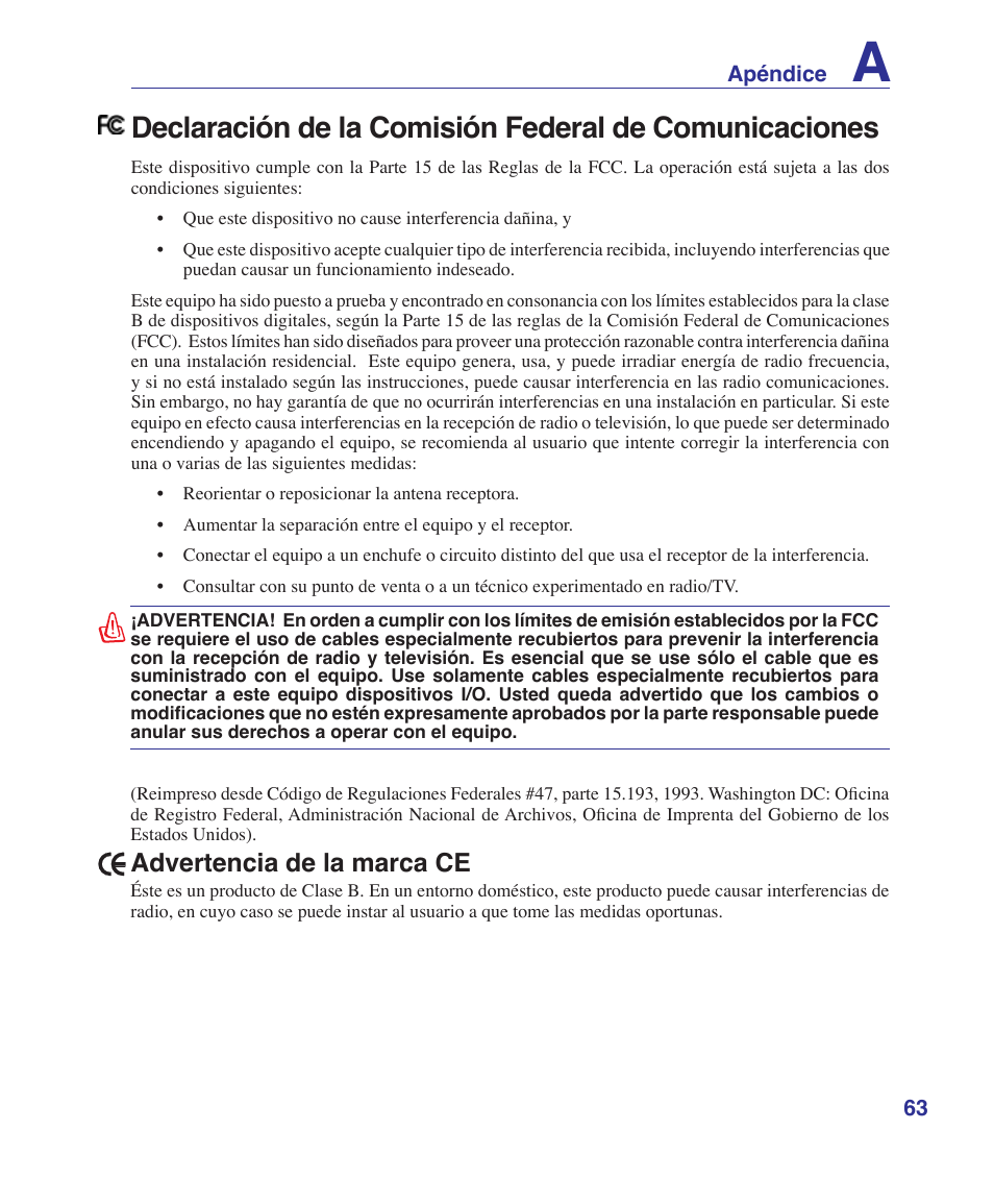 Advertencia de la marca ce | Asus Z84J User Manual | Page 65 / 72