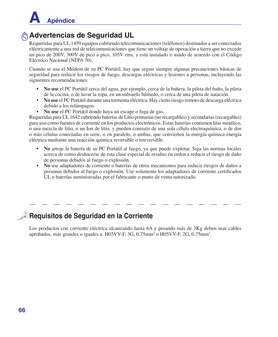 Advertencias de seguridad ul, Requisitos de seguridad en la corriente | Asus Z84J User Manual | Page 68 / 72