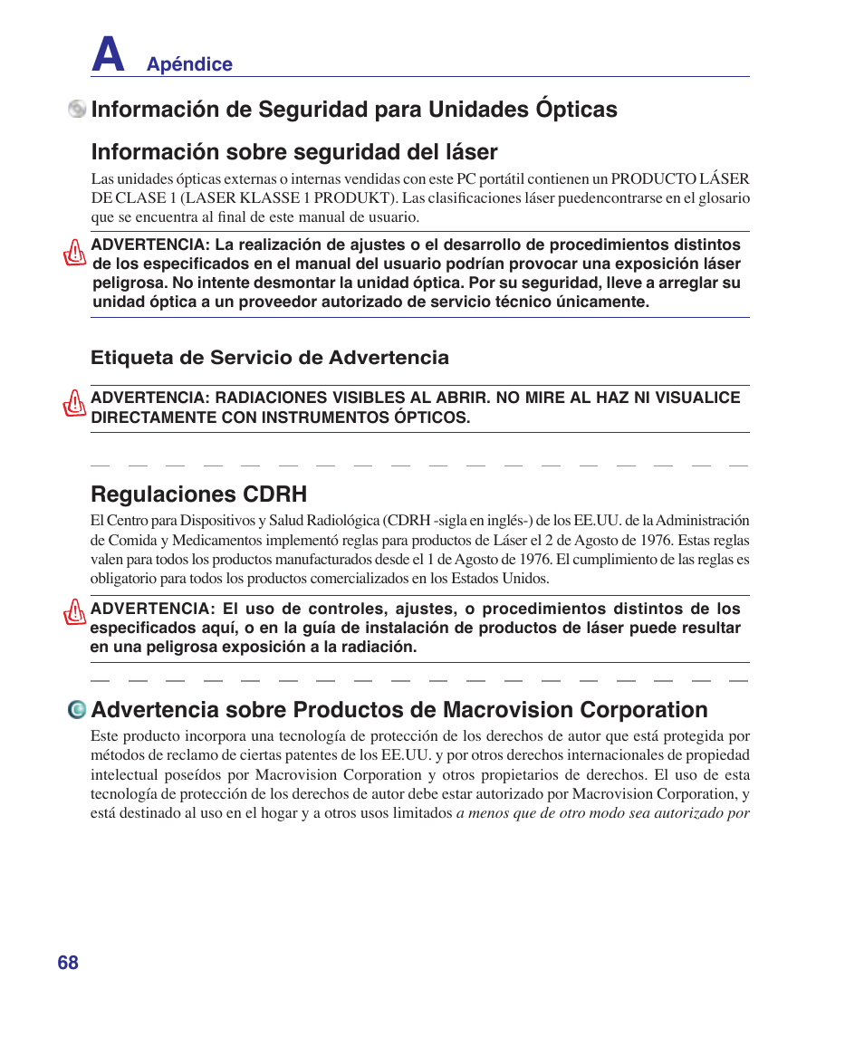 Regulaciones cdrh | Asus Z84J User Manual | Page 70 / 72
