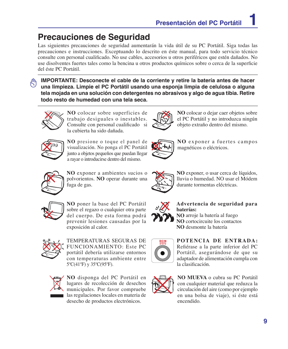 Precauciones de seguridad | Asus Z84J User Manual | Page 9 / 72