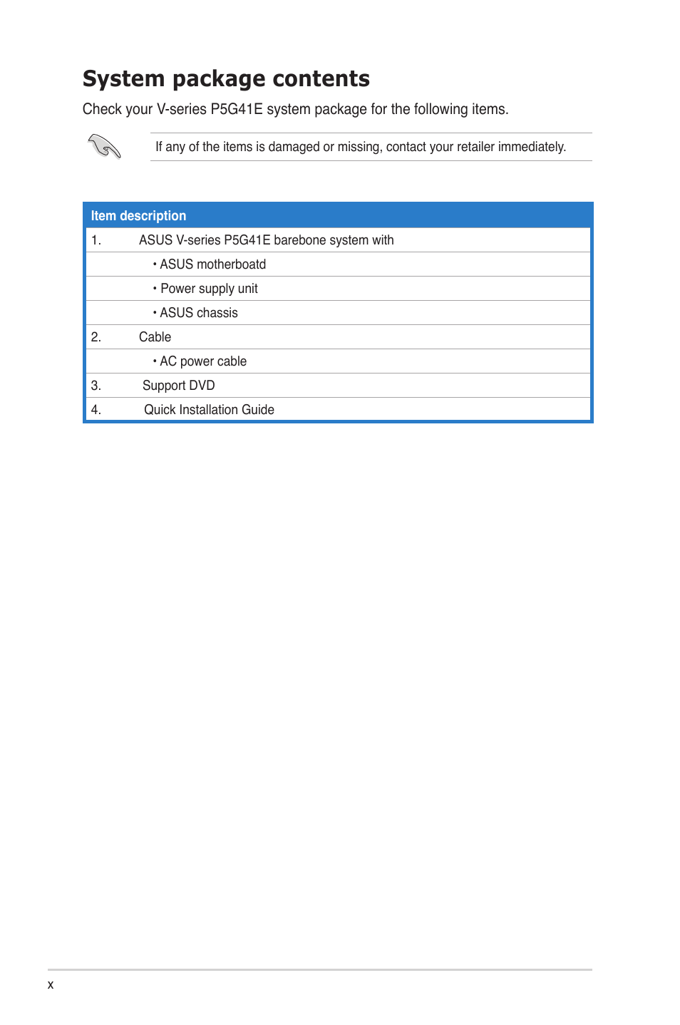 System package contents | Asus V7-P5G41E User Manual | Page 10 / 82