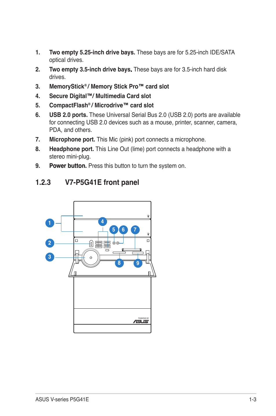 3 v7-p5g41e front panel, V7-p5g41e front panel -3 | Asus V7-P5G41E User Manual | Page 13 / 82