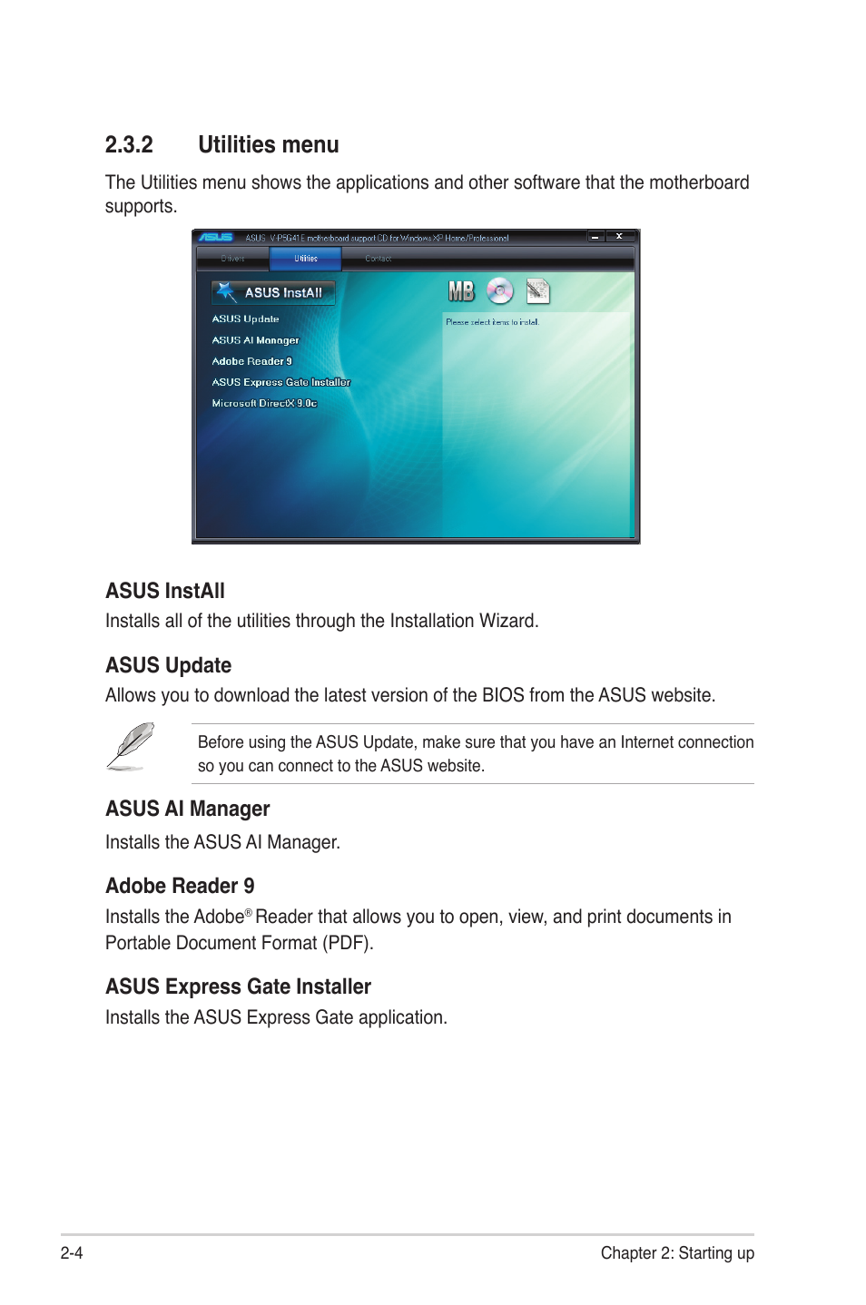 2 utilities menu, Utilities menu -4, Utilities.menu | Asus V7-P5G41E User Manual | Page 24 / 82