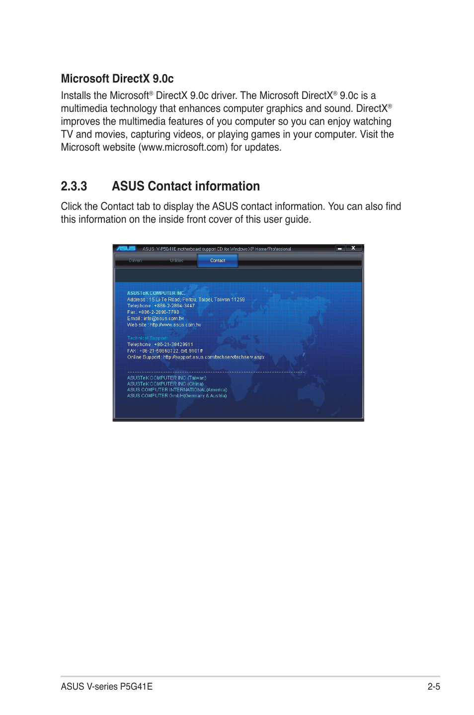 3 asus contact information, Asus contact information -5, Microsoft directx 9.0c | Asus V7-P5G41E User Manual | Page 25 / 82