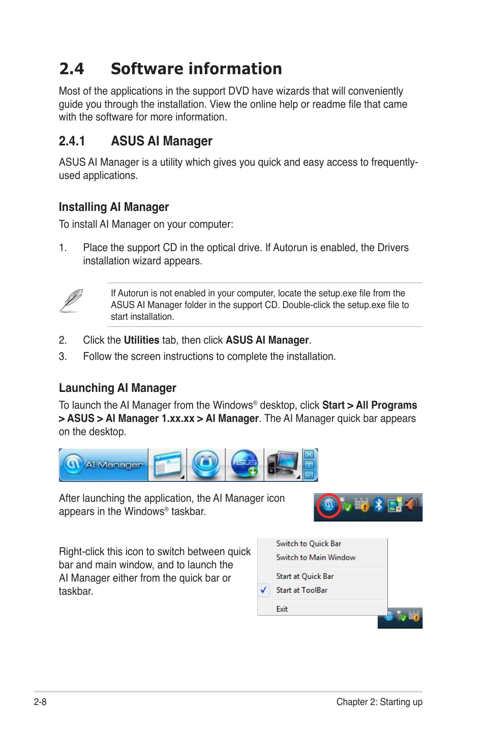 4 software information, 1 asus ai manager, Software information -8 2.4.1 | Asus ai manager -8, Asus.ai.manager | Asus V7-P5G41E User Manual | Page 28 / 82