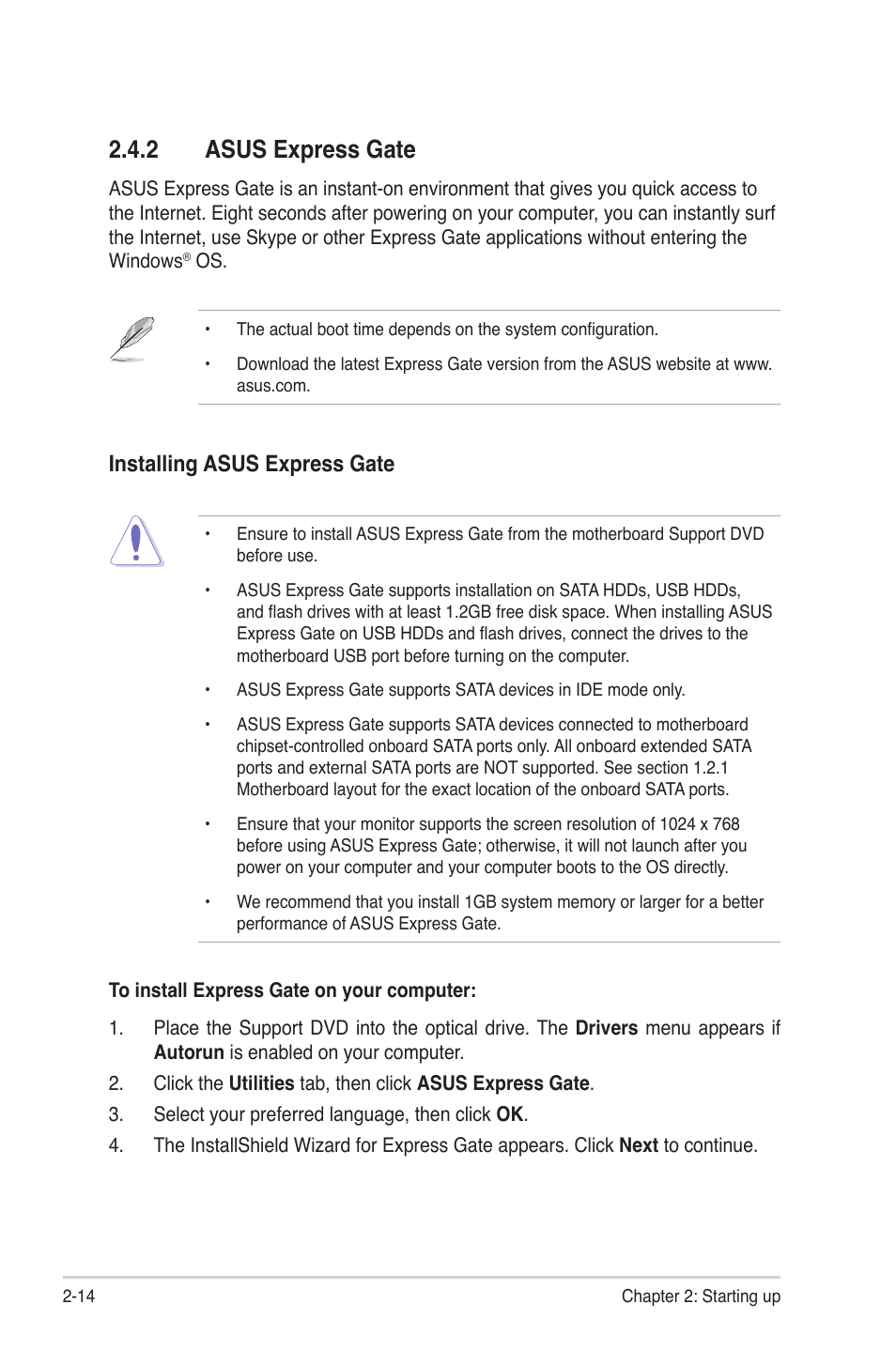 2 asus express gate, Asus express gate -14, Asus.express.gate | Installing.asus.express.gate | Asus V7-P5G41E User Manual | Page 34 / 82