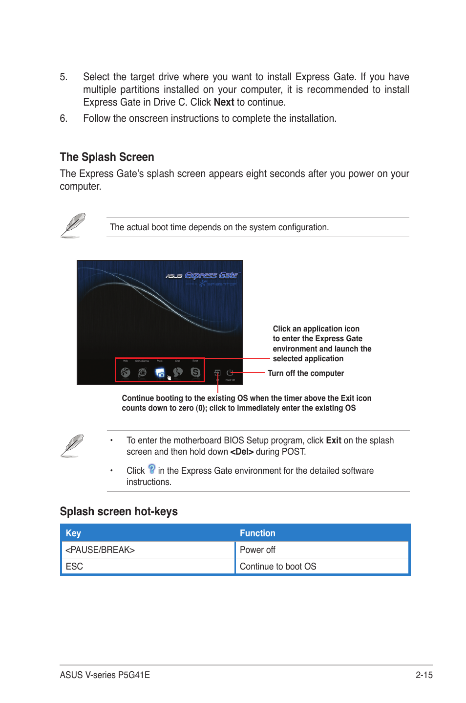 The.splash.screen, Splash.screen.hot-keys | Asus V7-P5G41E User Manual | Page 35 / 82