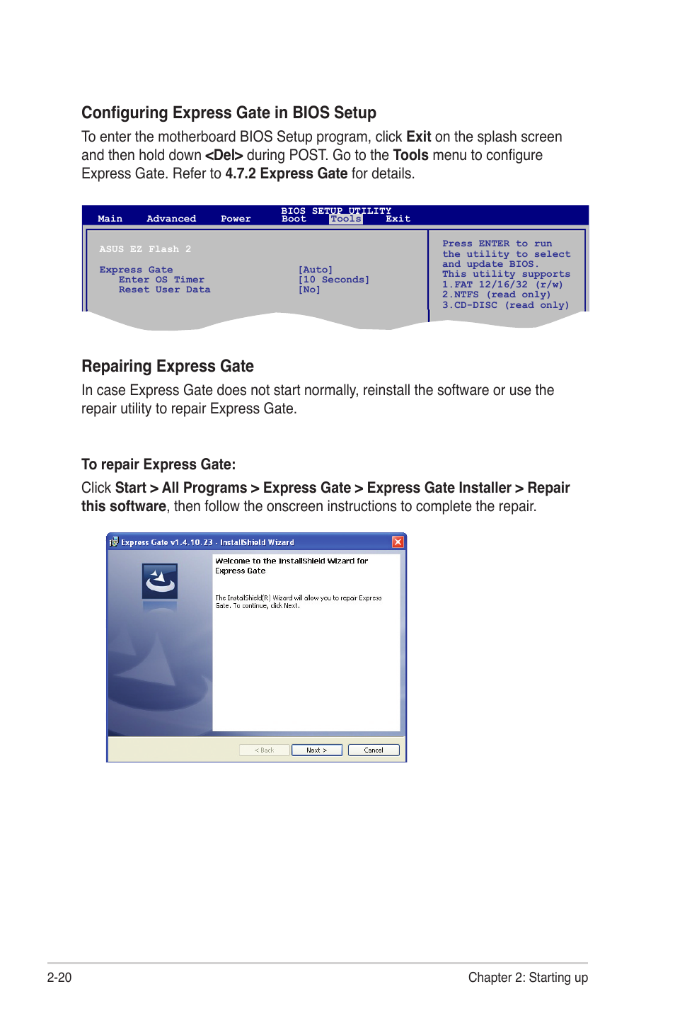 Configuring express gate in bios setup, Repairing.express.gate | Asus V7-P5G41E User Manual | Page 40 / 82