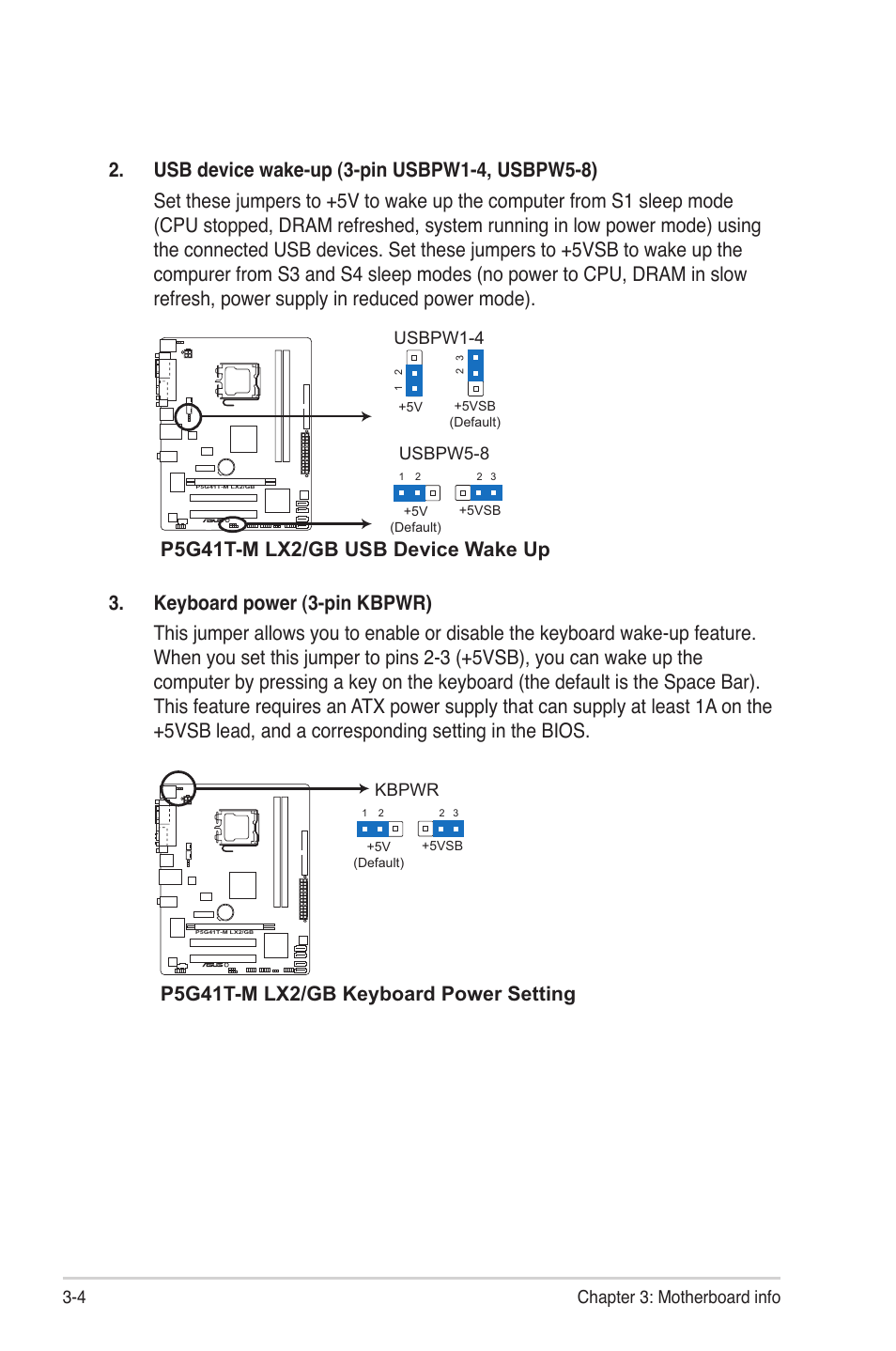 P5g41t-m lx2/gb usb device wake up, P5g41t-m lx2/gb keyboard power setting | Asus V7-P5G41E User Manual | Page 44 / 82