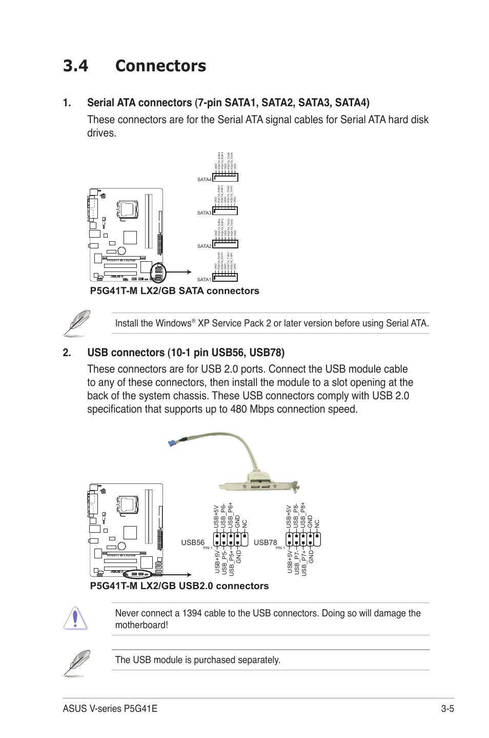 4 connectors, Connectors -5, 5 asus v-series p5g41e install the windows | P5g41t-m lx2/gb sata connectors, Usb56, Usb78 | Asus V7-P5G41E User Manual | Page 45 / 82