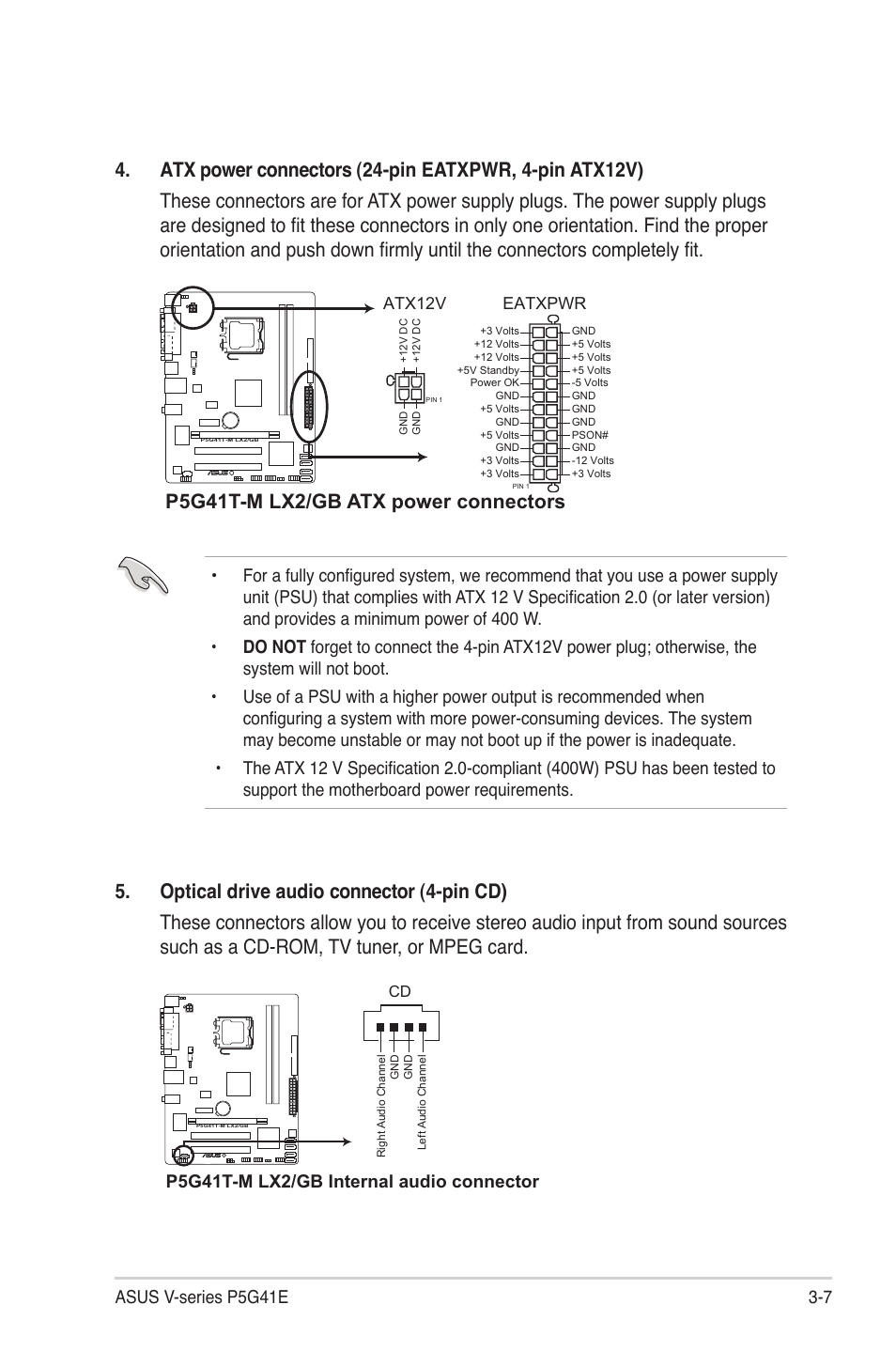 P5g41t-m lx2/gb atx power connectors, P5g41t-m lx2/gb internal audio connector | Asus V7-P5G41E User Manual | Page 47 / 82