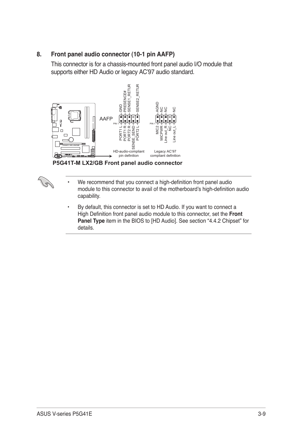 9 asus v-series p5g41e, P5g41t-m lx2/gb front panel audio connector | Asus V7-P5G41E User Manual | Page 49 / 82