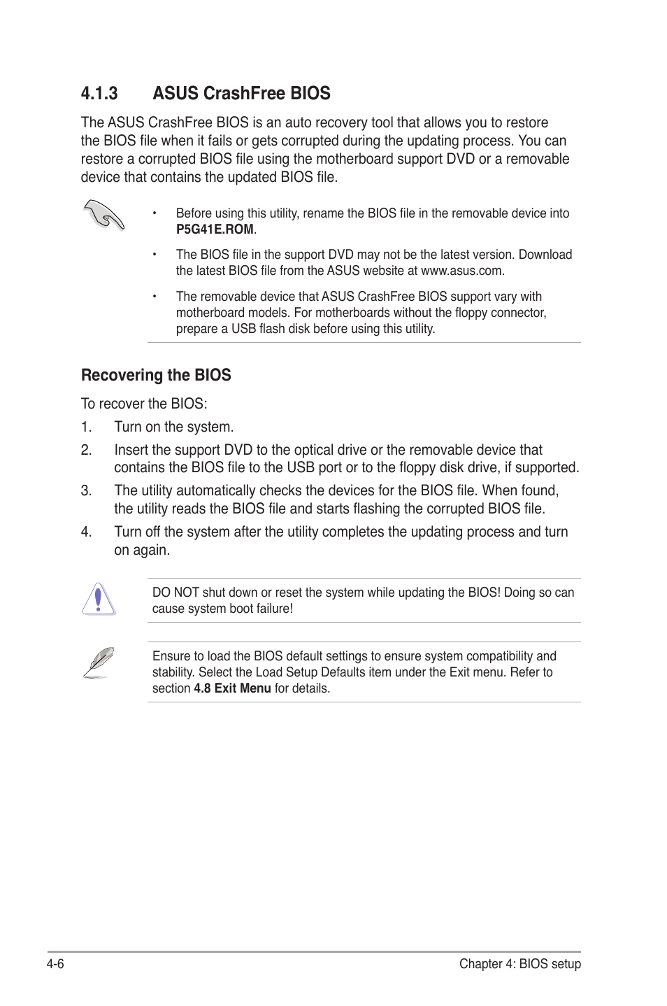 3 asus crashfree bios, Asus crashfree bios -6, Recovering the bios | Asus V7-P5G41E User Manual | Page 56 / 82