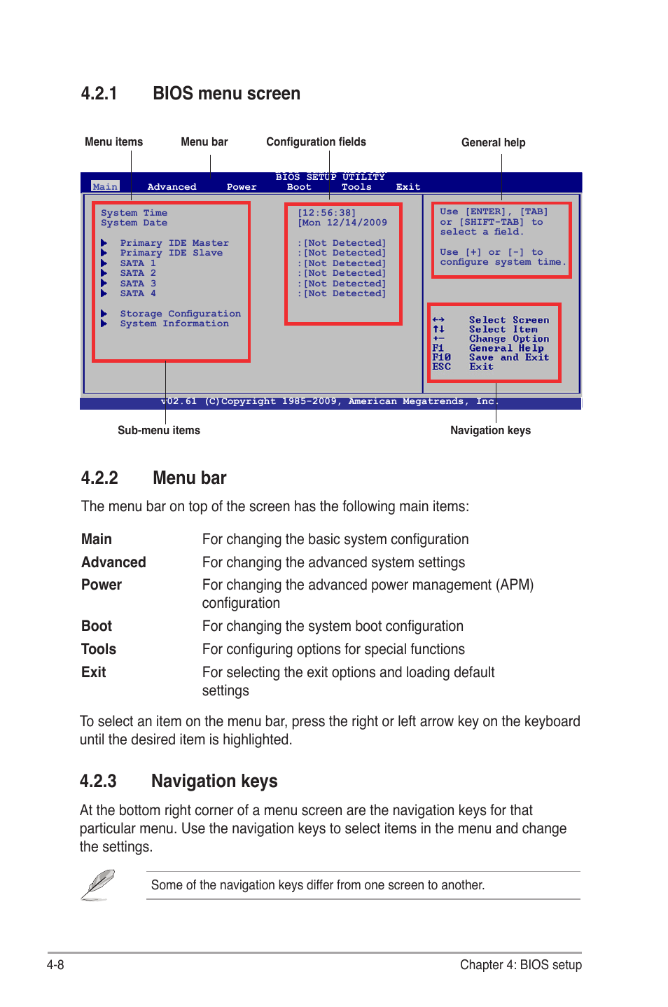 1 bios menu screen, 2 menu bar, 3 navigation keys | Bios menu screen -8, Menu bar -8, Navigation keys -8, Menu.bar, Bios.menu.screen, Navigation.keys | Asus V7-P5G41E User Manual | Page 58 / 82