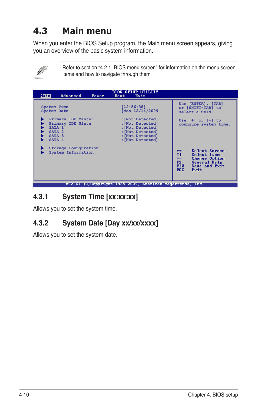 3 main menu, 1 system time [xx:xx:xx, 2 system date [day xx/xx/xxxx | Main.menu -10 4.3.1, System time -10, System date -10, System.time.[xx:xx:xx, Allows you to set the system time, Allows you to set the system date | Asus V7-P5G41E User Manual | Page 60 / 82