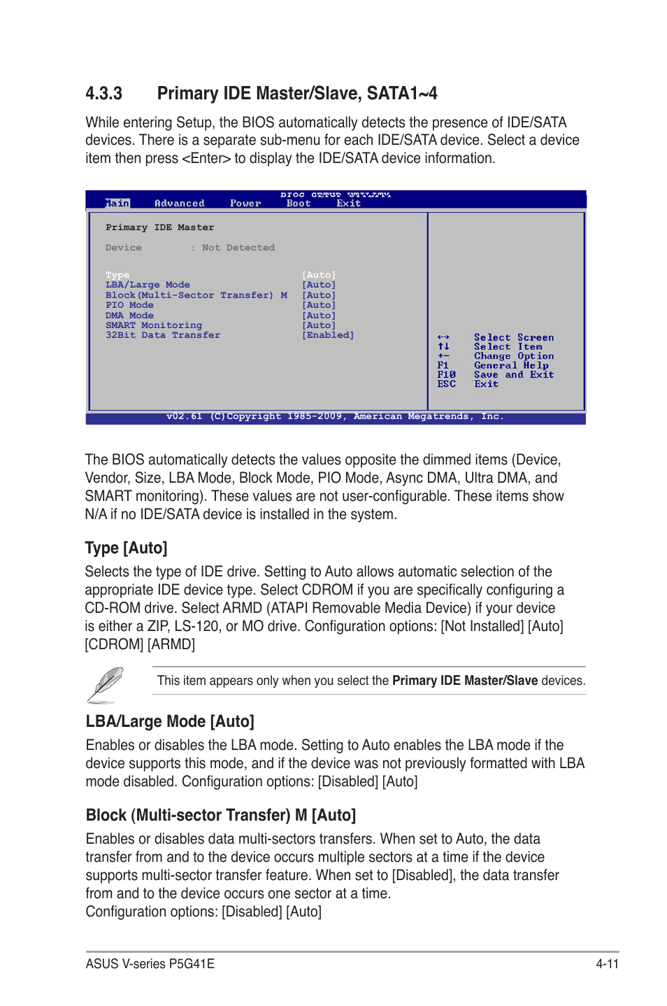 3 primary ide master/slave, sata1~4, Primary ide master/slave, sata1~4 -11, Primary.ide.master/slave,.sata1~4 | Type.[auto, Lba/large mode [auto, Block (multi-sector transfer) m [auto | Asus V7-P5G41E User Manual | Page 61 / 82