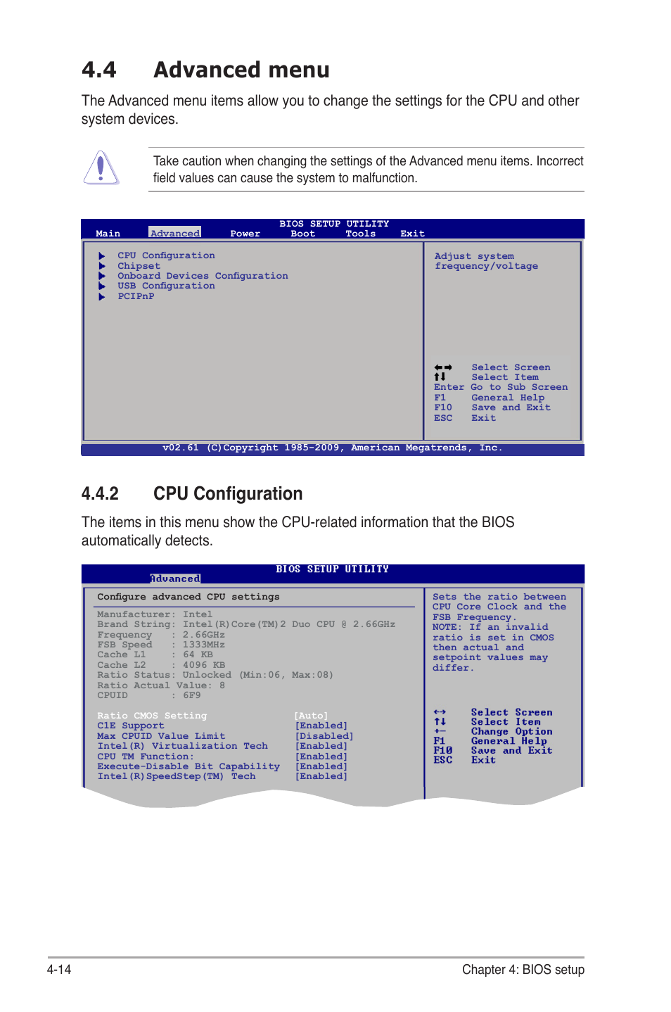 4 advanced menu, 2 cpu configuration, Advanced.menu -14 4.4.2 | Cpu configuration -14, 14 chapter 4: bios setup | Asus V7-P5G41E User Manual | Page 64 / 82