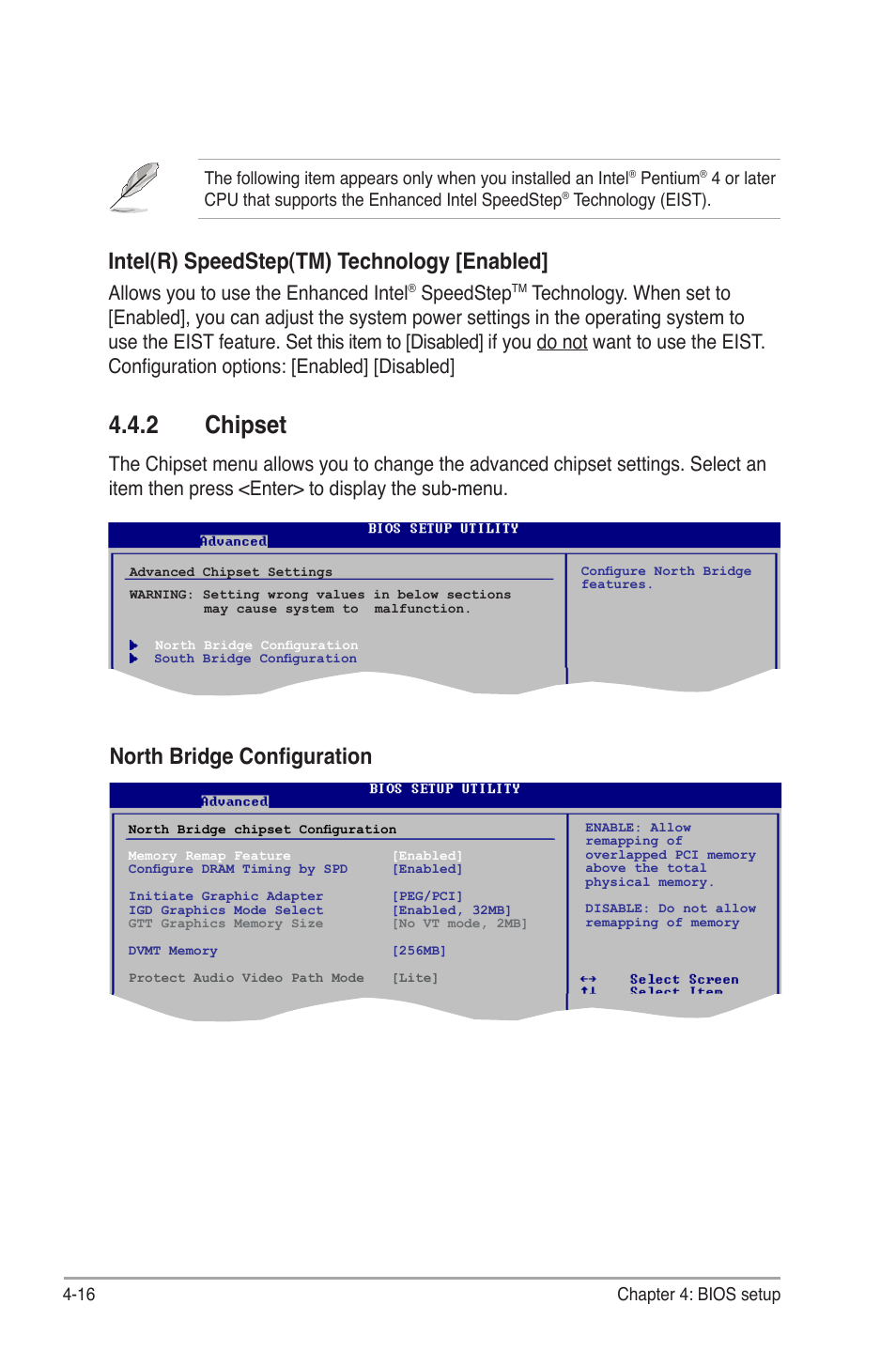 2 chipset, Chipset -16, Chipset | Intel(r) speedstep(tm) technology [enabled, North bridge configuration, Allows you to use the enhanced intel, Speedstep | Asus V7-P5G41E User Manual | Page 66 / 82