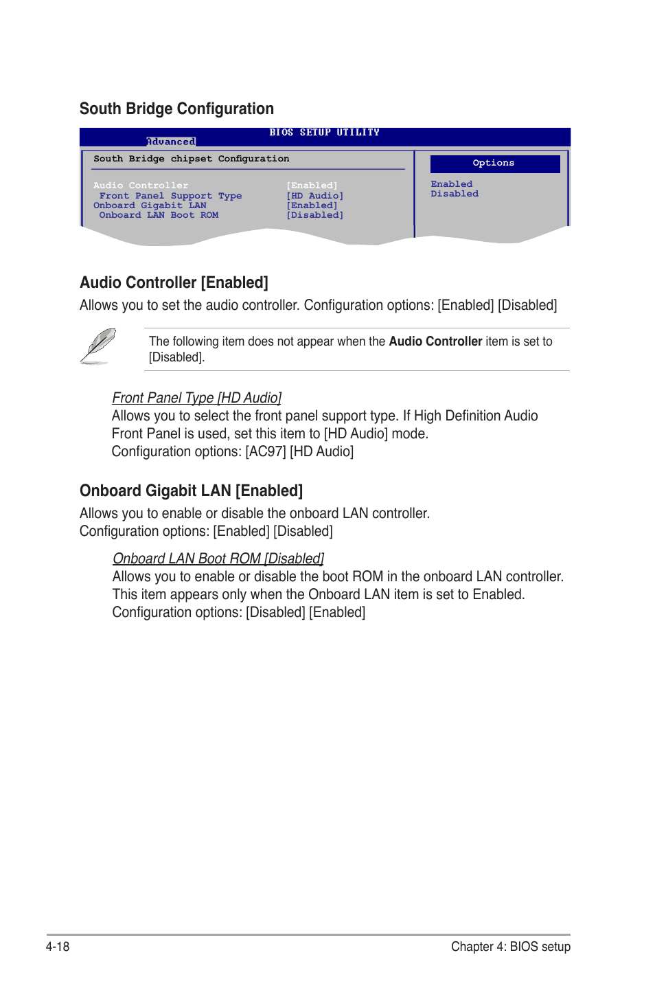 South bridge configuration, Audio.controller.[enabled, Onboard gigabit lan [enabled | Asus V7-P5G41E User Manual | Page 68 / 82