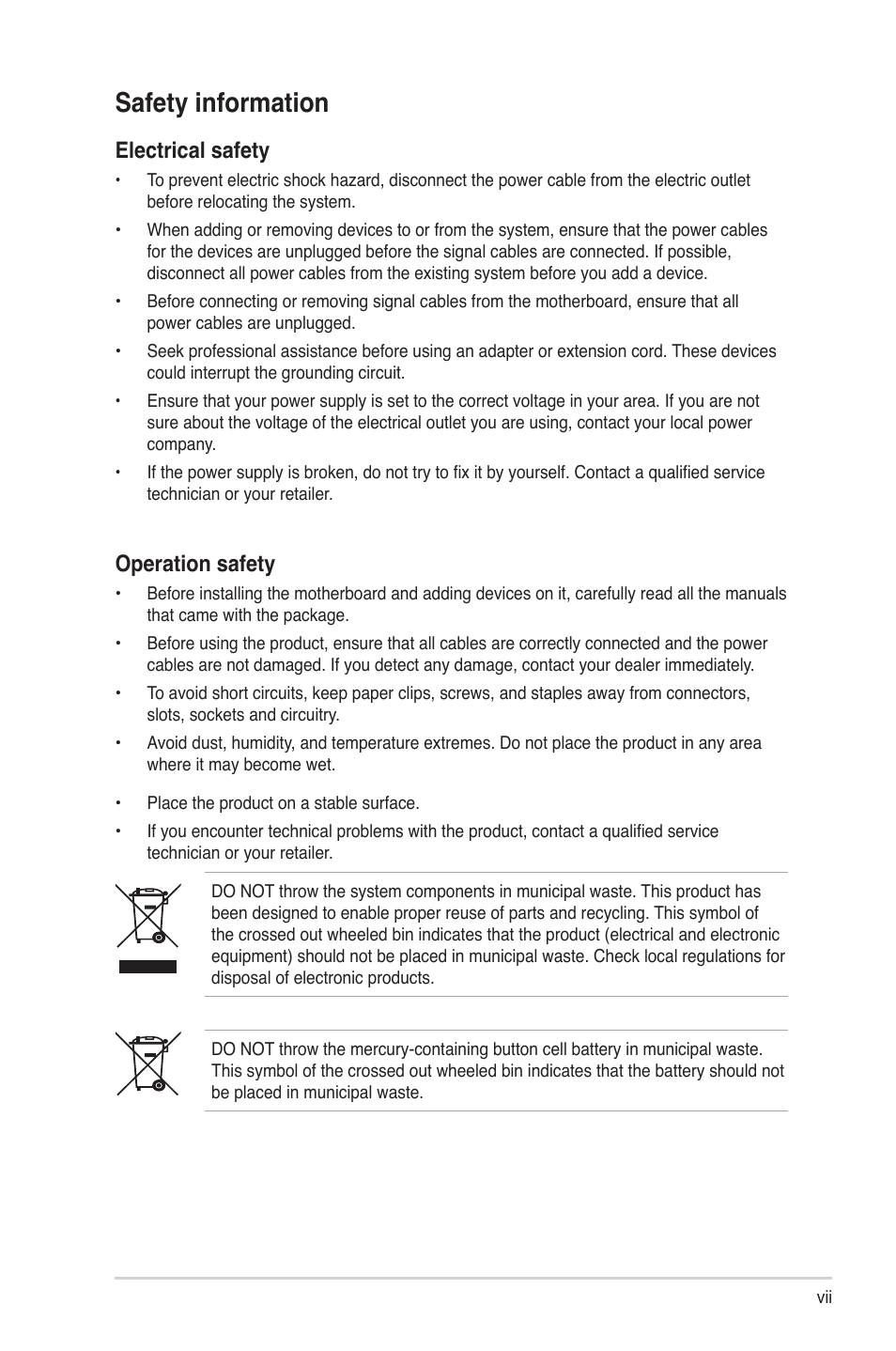 Safety information, Operation safety, Electrical safety | Asus V7-P5G41E User Manual | Page 7 / 82