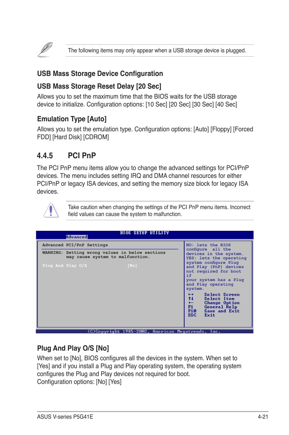 5 pci pnp, Pci pnp -21, Pci.pnp | Plug.and.play.o/s.[no, Emulation.type.[auto | Asus V7-P5G41E User Manual | Page 71 / 82