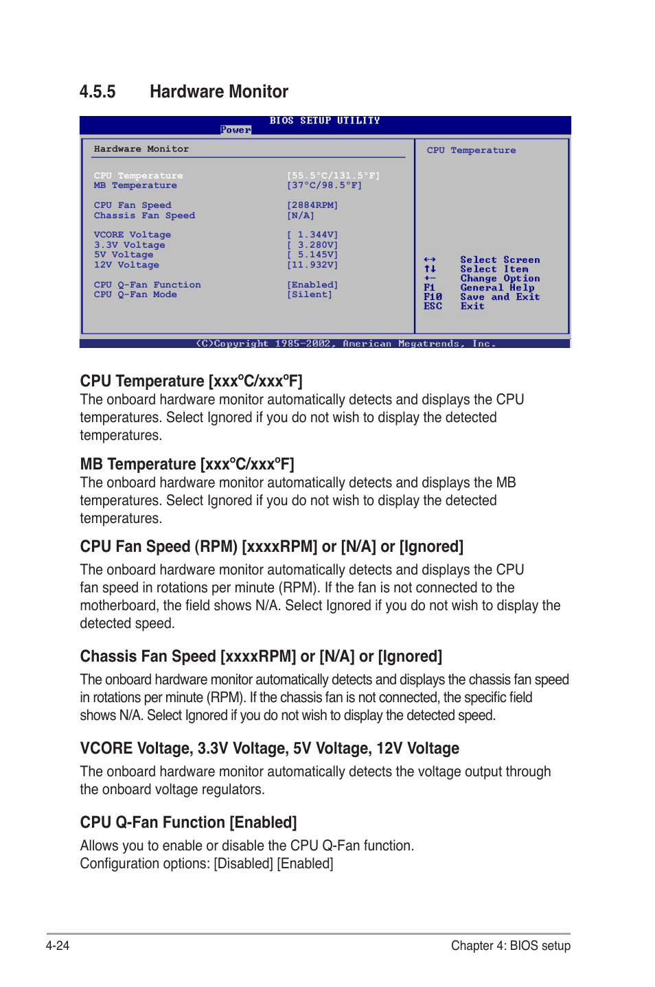 5 hardware monitor, Hardware monitor -24, Hardware.monitor | Cpu.temperature.[xxxºc/xxxºf, Mb.temperature.[xxxºc/xxxºf, Cpu.q-fan.function.[enabled | Asus V7-P5G41E User Manual | Page 74 / 82