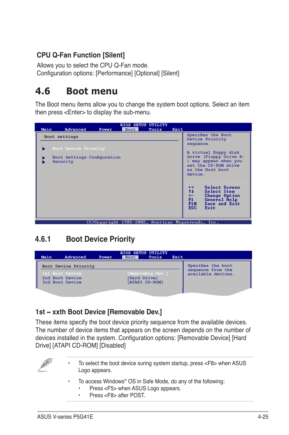 6 boot menu, 1 boot device priority, Boot.menu -25 4.6.1 | Boot device priority -25, Boot.device.priority, 1st.~.xxth.boot.device.[removable.dev, Cpu.q-fan.function.[silent | Asus V7-P5G41E User Manual | Page 75 / 82