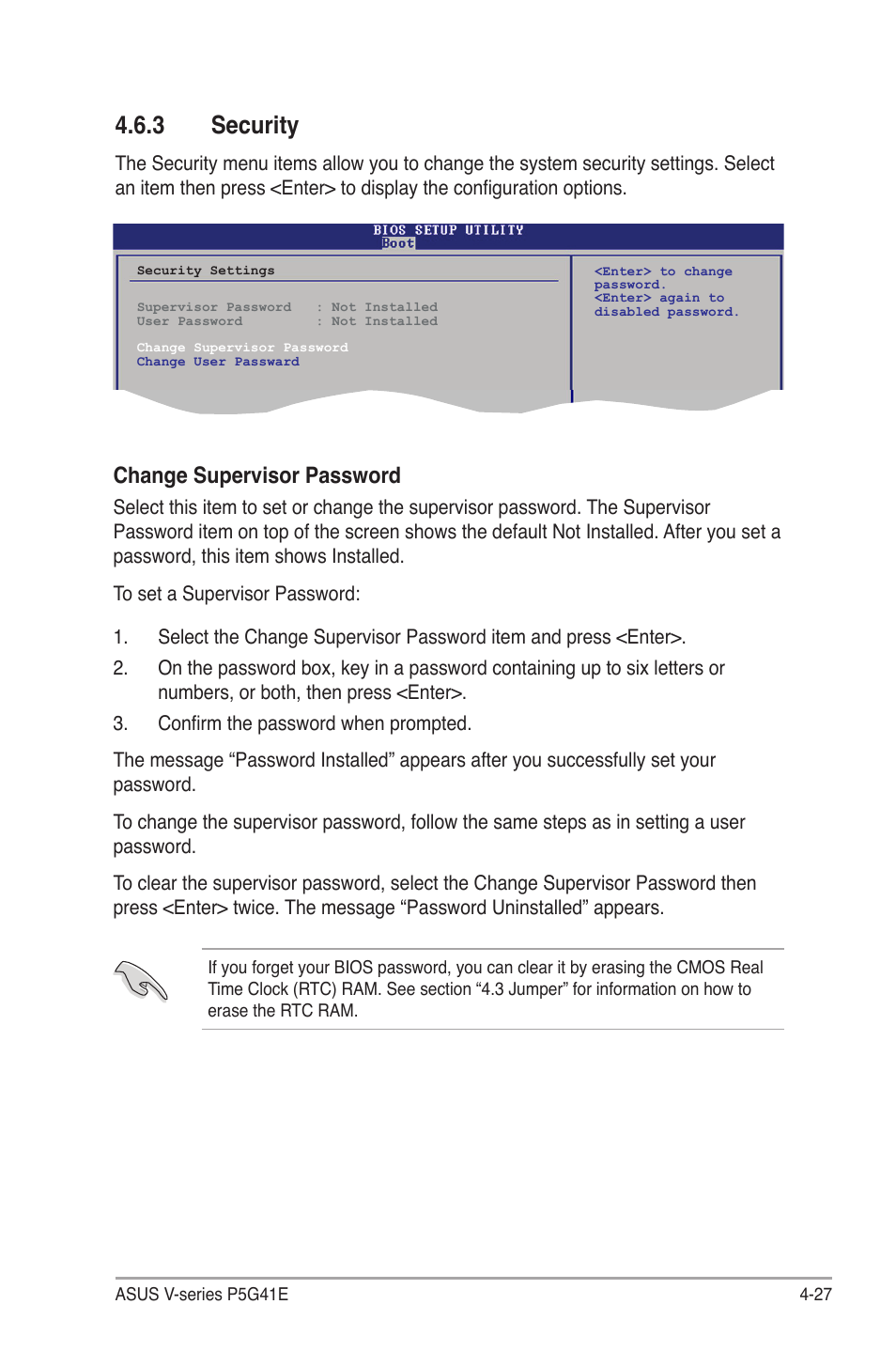 3 security, Security -27, Security | Change.supervisor.password | Asus V7-P5G41E User Manual | Page 77 / 82