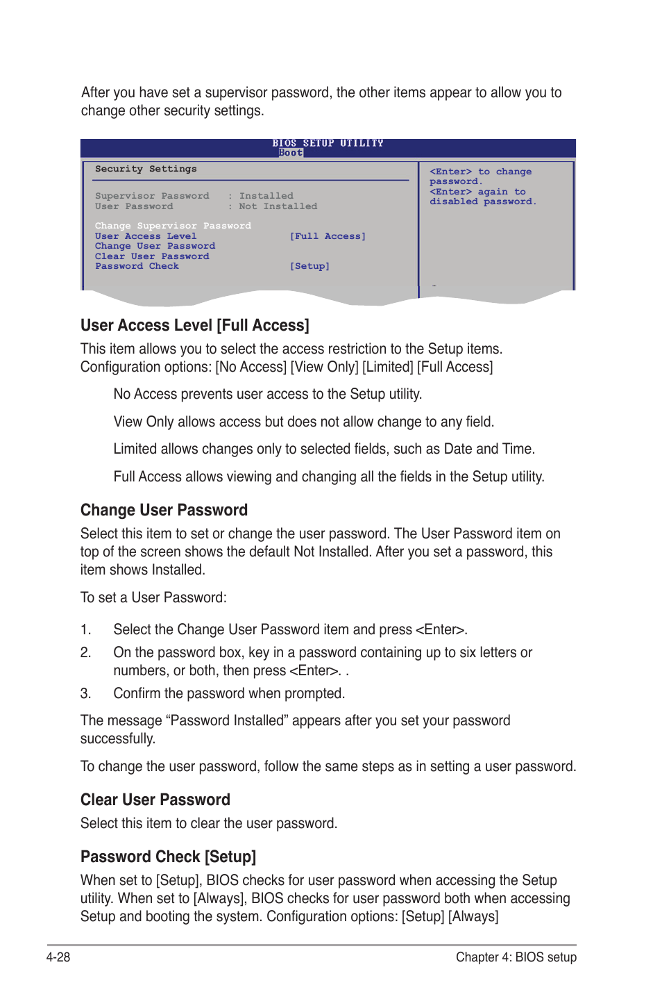 User access level [full access, Password.check.[setup | Asus V7-P5G41E User Manual | Page 78 / 82