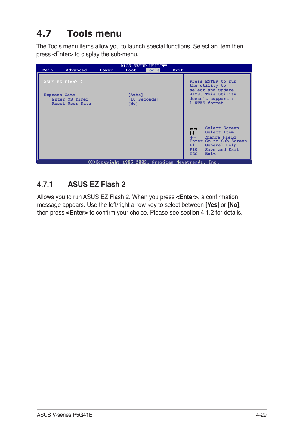 7 tools menu, 1 asus ez flash 2, Tools.menu -29 4.7.1 | Asus ez flash 2 -29, Asus.ez.flash.2 | Asus V7-P5G41E User Manual | Page 79 / 82