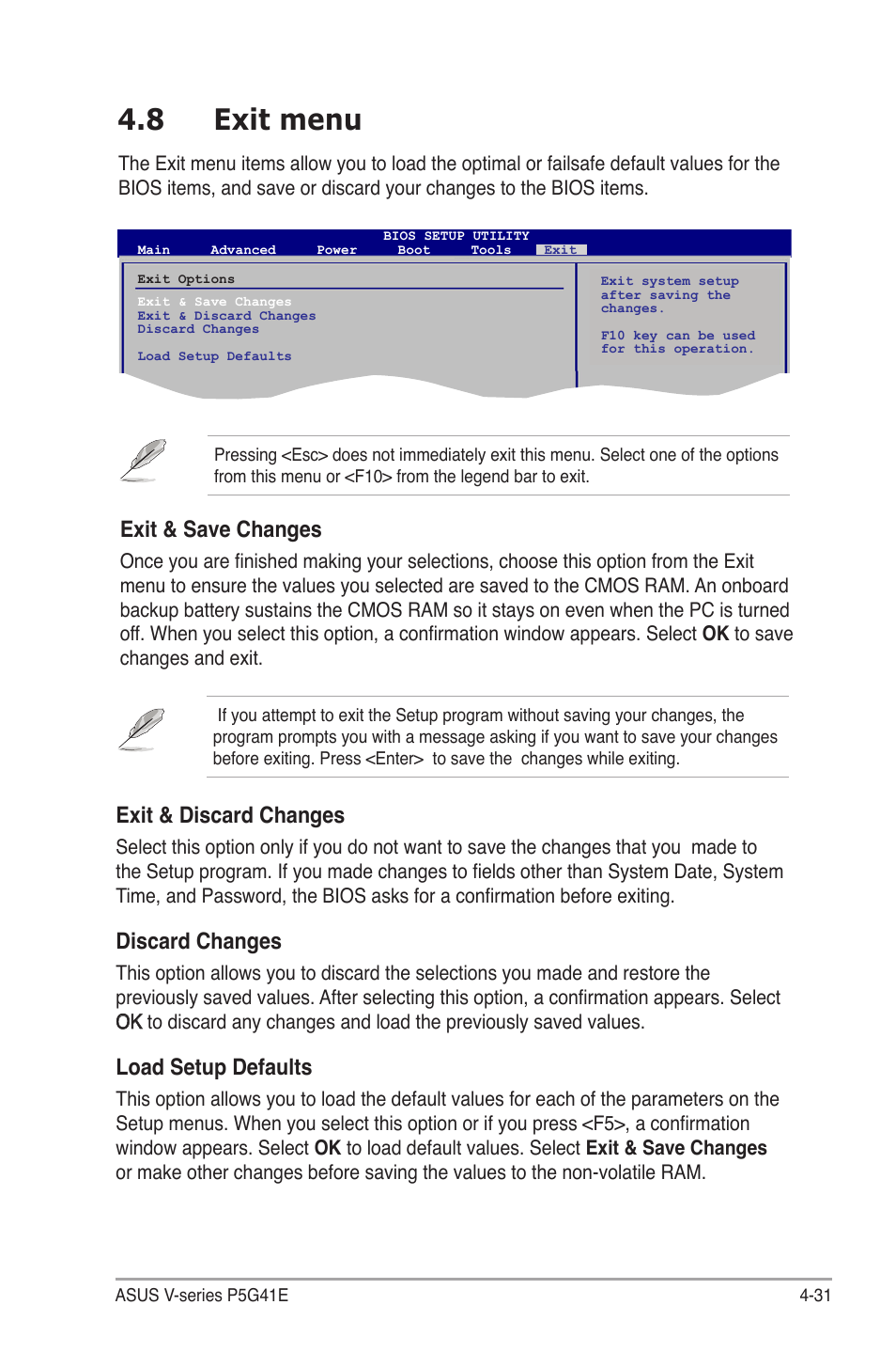 8 exit menu, Exit.menu -31, Exit.&.discard.changes | Discard.changes, Load setup defaults, Exit.&.save.changes | Asus V7-P5G41E User Manual | Page 81 / 82