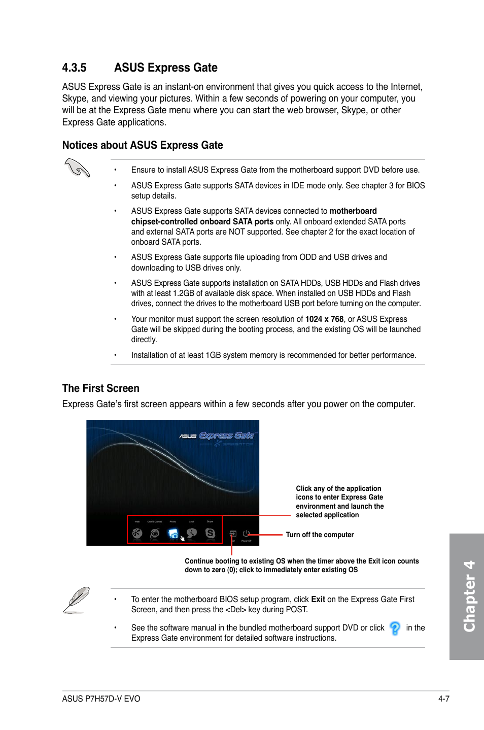 5 asus express gate, Asus express gate -7, Chapter 4 | Notices about asus express gate, The first screen | Asus P7H57D-V EVO User Manual | Page 105 / 128