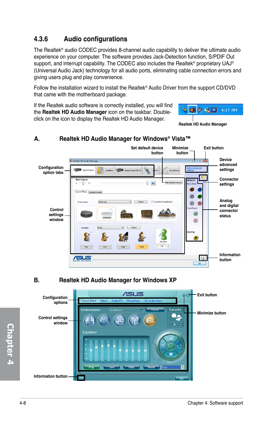 6 audio configurations, Audio configurations -8, Chapter 4 | A. realtek hd audio manager for windows, Vista, B. realtek hd audio manager for windows xp | Asus P7H57D-V EVO User Manual | Page 106 / 128