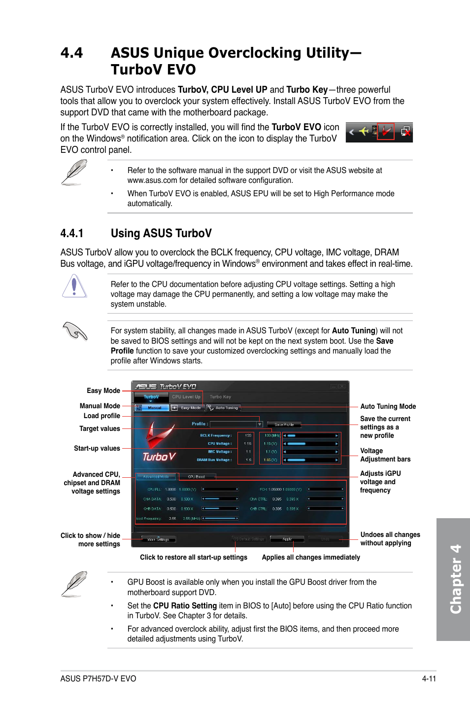 4 asus unique overclocking utility—turbov evo, 1 using asus turbov, Using asus turbov -11 | Asus P7H57D-V EVO User Manual | Page 109 / 128