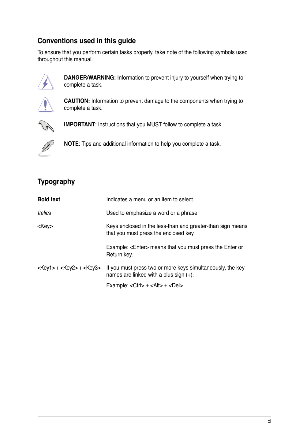 Conventions used in this guide, Typography | Asus P7H57D-V EVO User Manual | Page 11 / 128