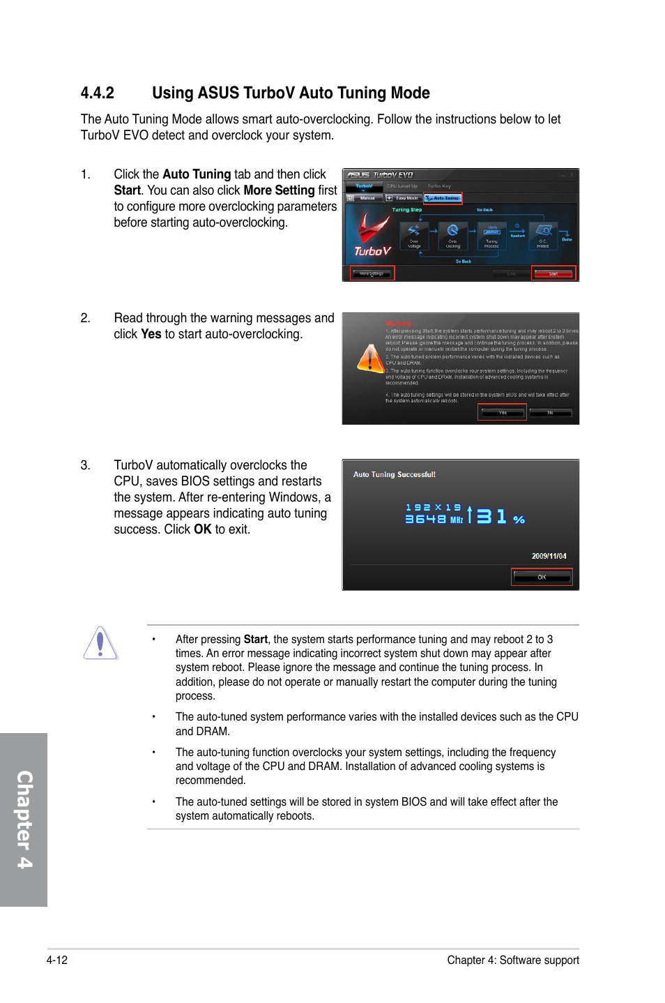 2 using asus turbov auto tuning mode, Using asus turbov auto tuning mode -12, Chapter 4 | Asus P7H57D-V EVO User Manual | Page 110 / 128