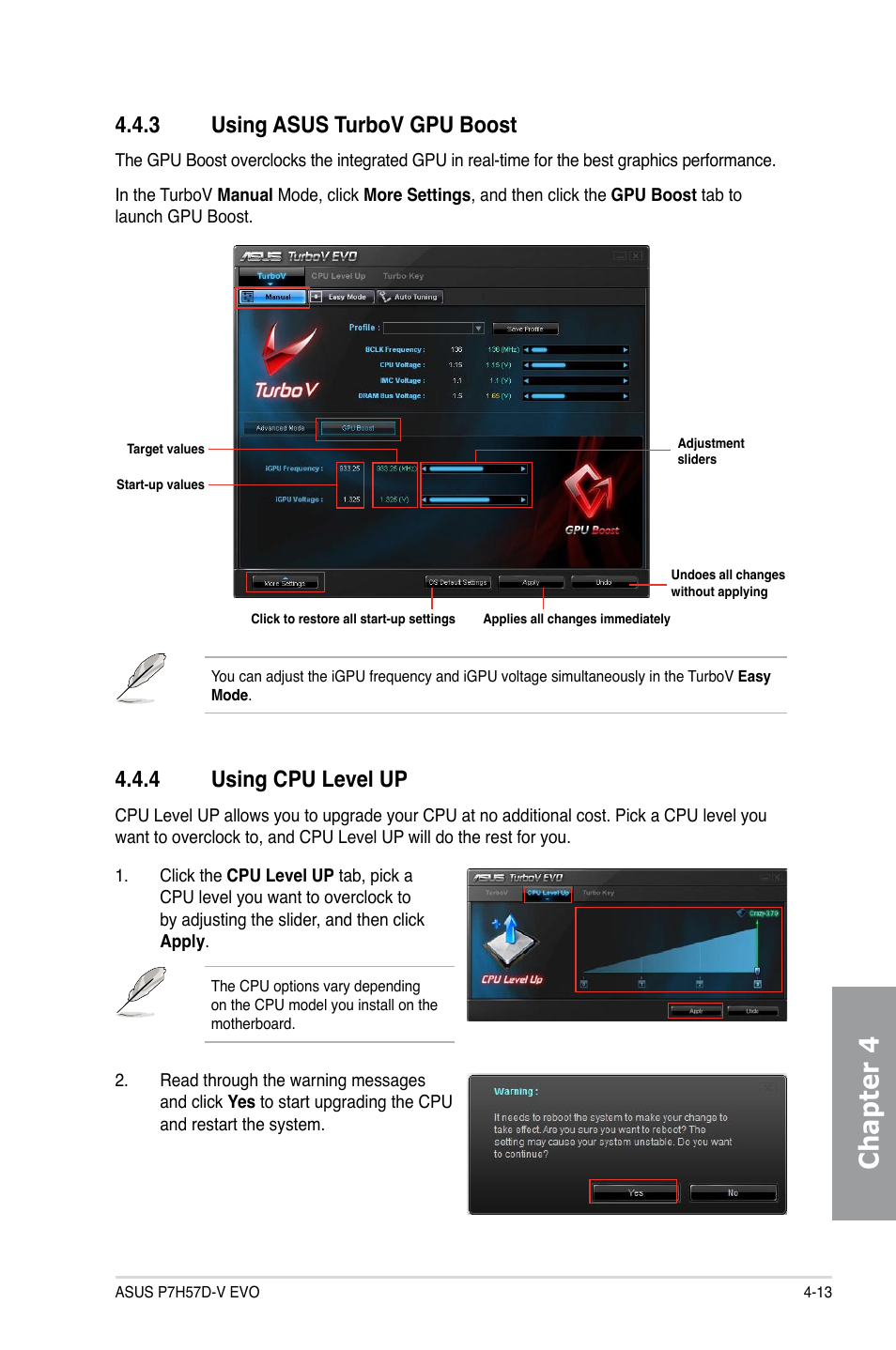 3 using asus turbov gpu boost, 4 using cpu level up, Using asus turbov gpu boost -13 | Using cpu level up -13, Chapter 4 | Asus P7H57D-V EVO User Manual | Page 111 / 128