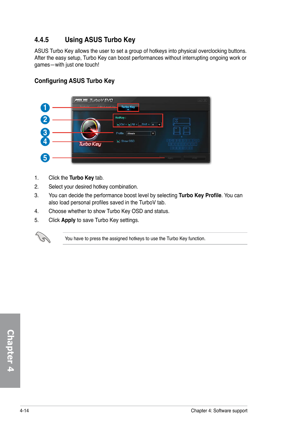 5 using asus turbo key, Using asus turbo key -14, Chapter 4 | Asus P7H57D-V EVO User Manual | Page 112 / 128