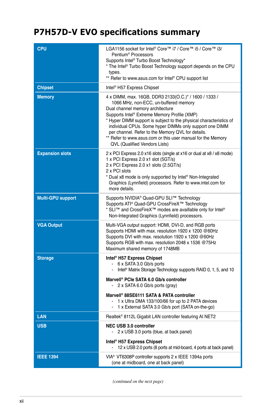 P7h57d-v evo specifications summary | Asus P7H57D-V EVO User Manual | Page 12 / 128