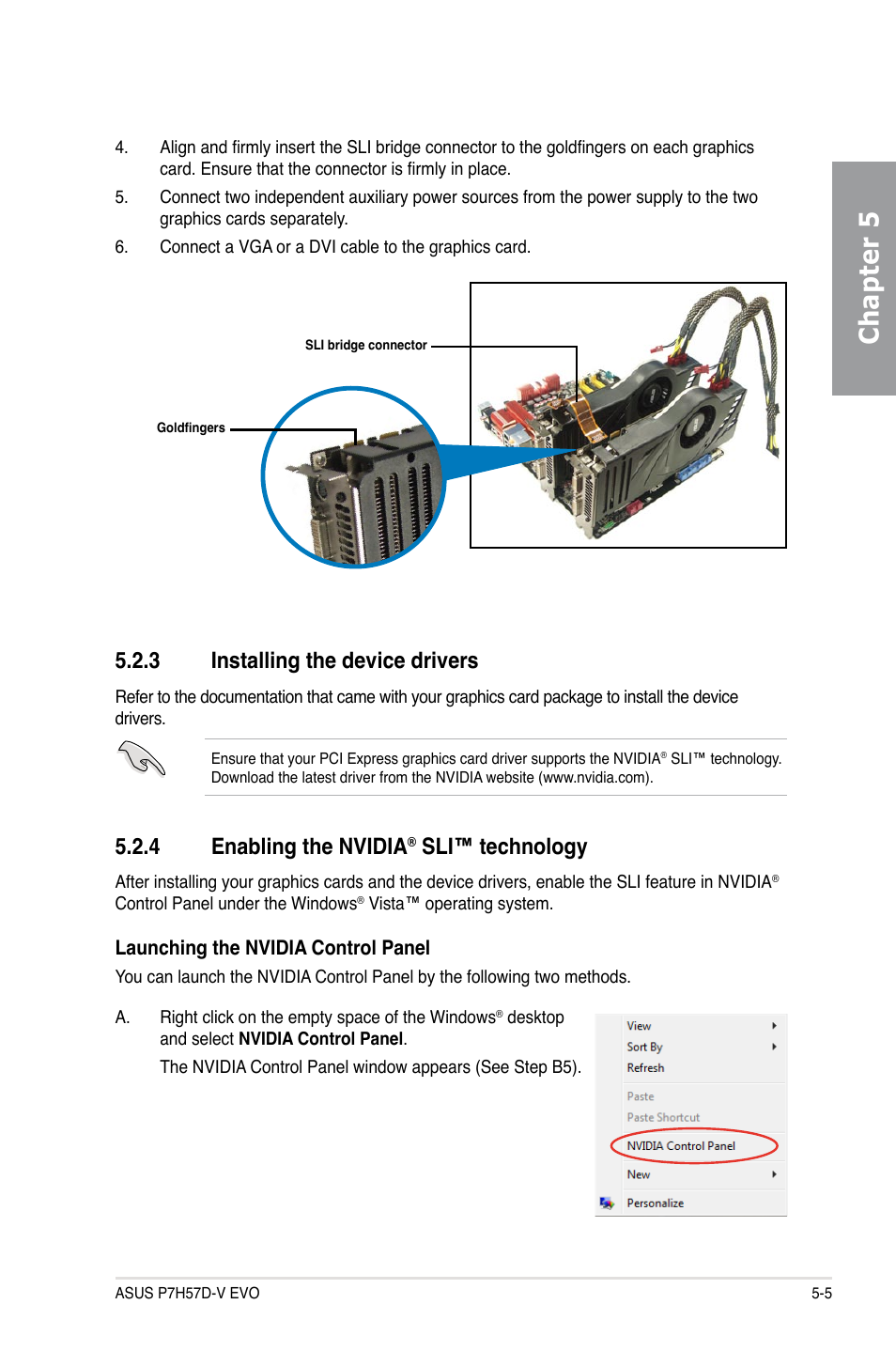 3 installing the device drivers, 4 enabling the nvidia® sli™ technology, Installing the device drivers -5 | Enabling the nvidia, Sli™ technology -5, Chapter 5, 4 enabling the nvidia, Sli™ technology | Asus P7H57D-V EVO User Manual | Page 125 / 128