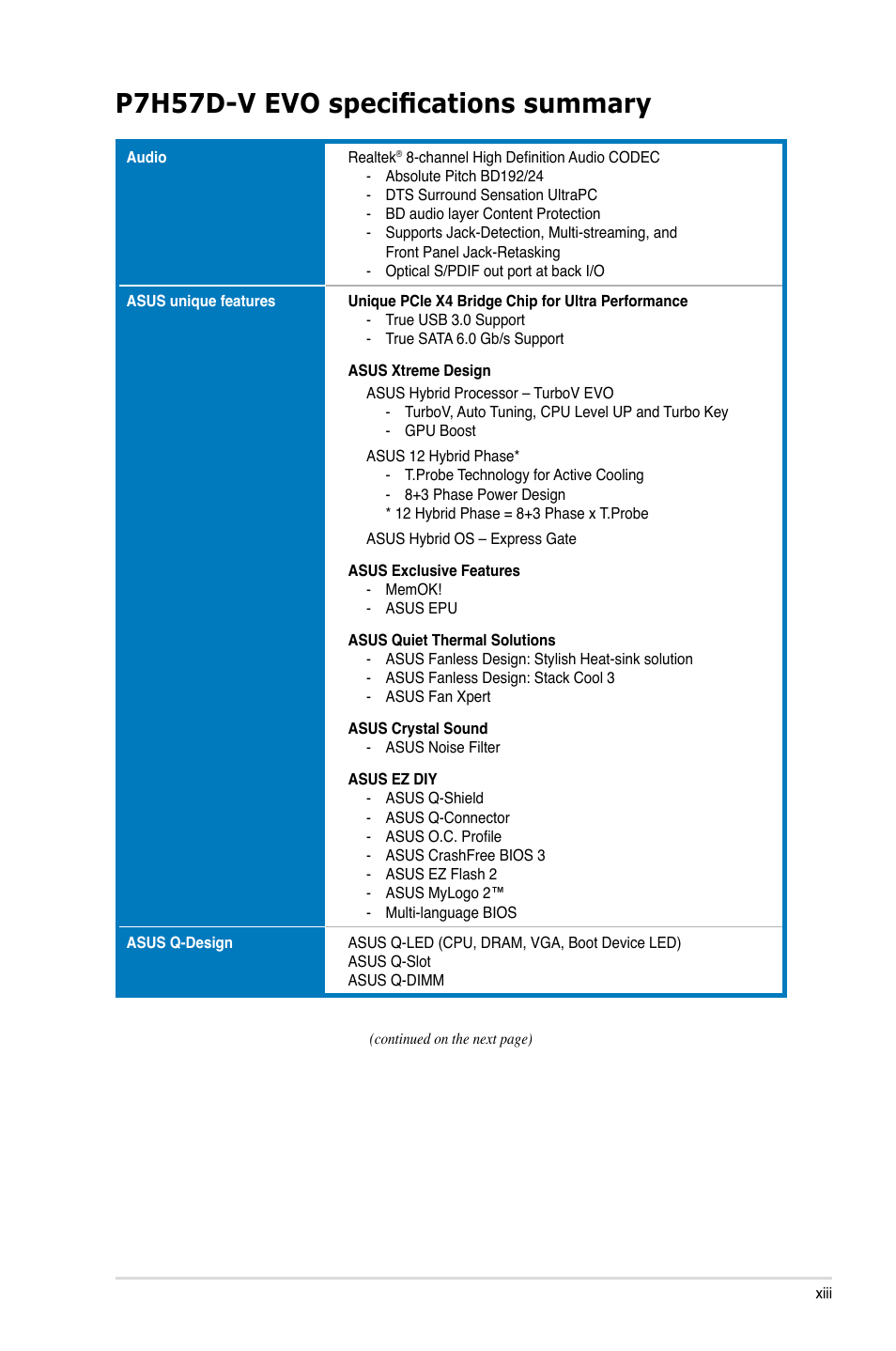 P7h57d-v evo specifications summary | Asus P7H57D-V EVO User Manual | Page 13 / 128