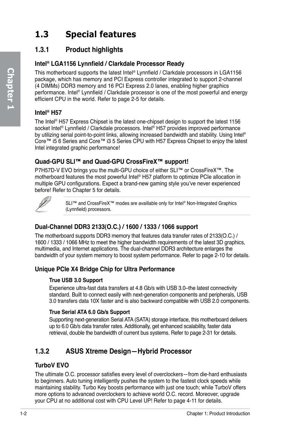 3 special features, 1 product highlights, 2 asus xtreme design—hybrid processor | Special features -2 1.3.1, Product highlights -2, Asus xtreme design—hybrid processor -2, Chapter 1 1.3 special features | Asus P7H57D-V EVO User Manual | Page 16 / 128