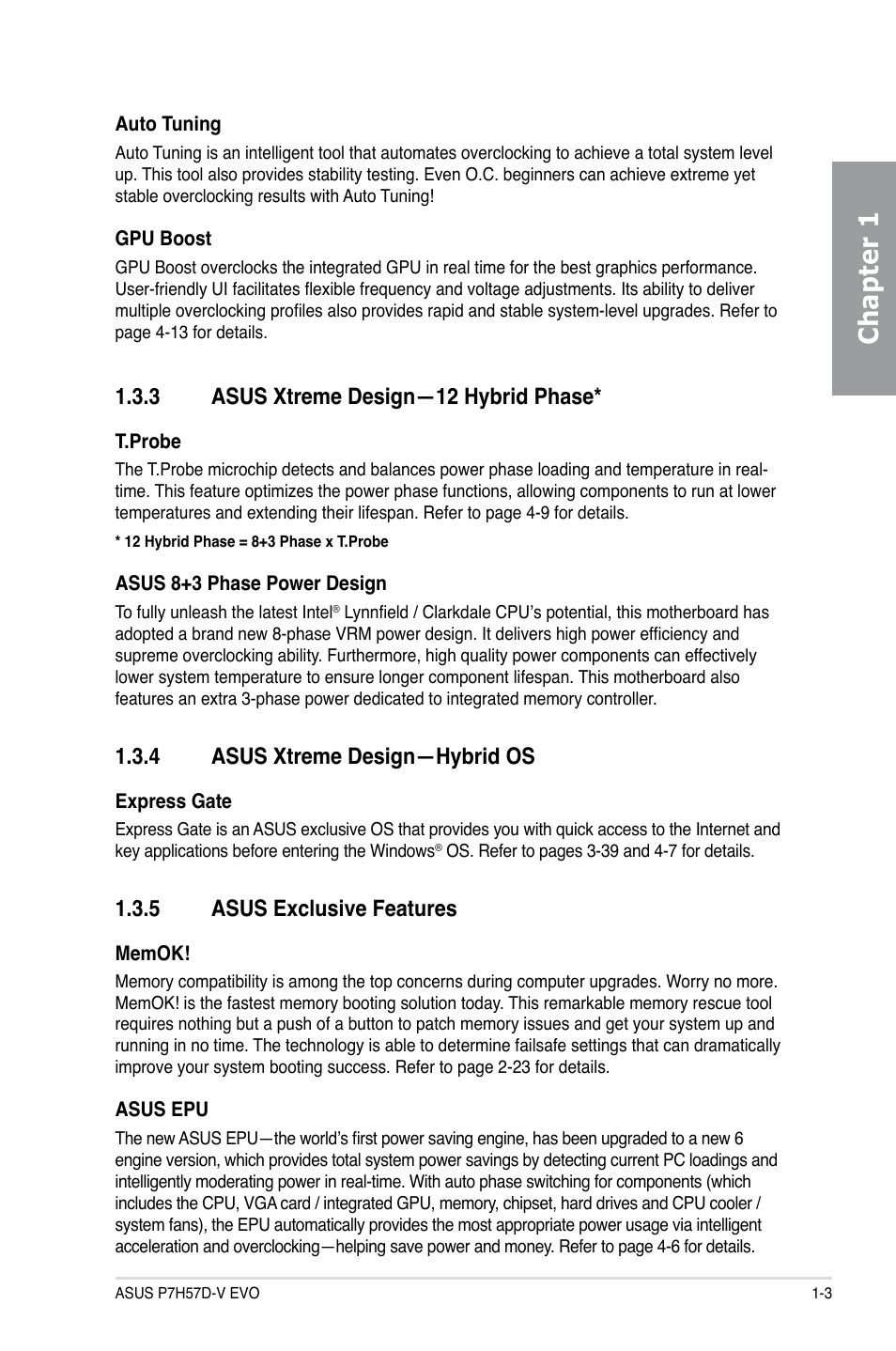 3 asus xtreme design—12 hybrid phase, 4 asus xtreme design—hybrid os, 5 asus exclusive features | Asus xtreme design—12 hybrid phase* -3, Asus xtreme design—hybrid os -3, Asus exclusive features -3, Chapter 1 | Asus P7H57D-V EVO User Manual | Page 17 / 128