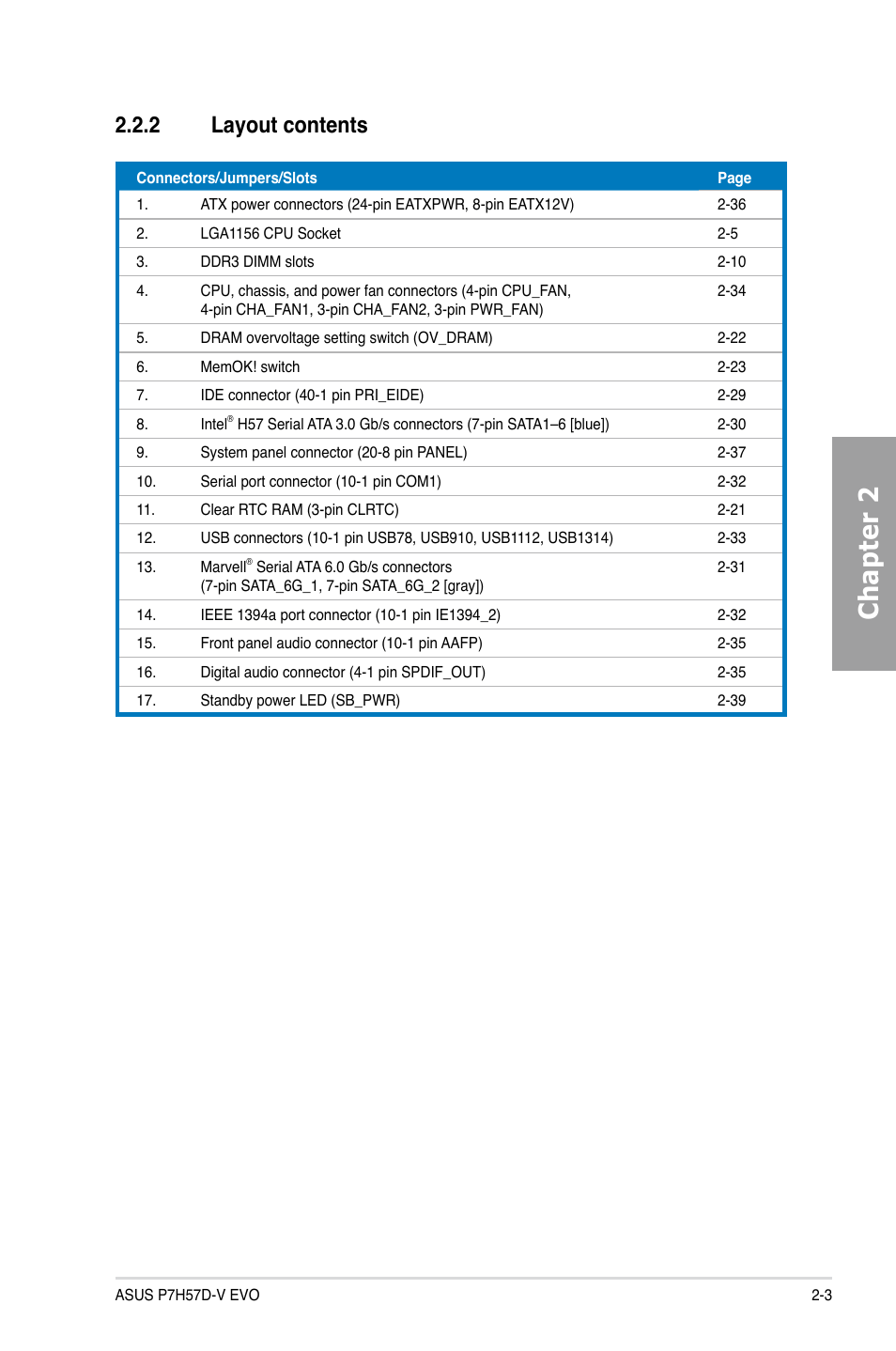 2 layout contents, Layout contents -3, Chapter 2 | Asus P7H57D-V EVO User Manual | Page 21 / 128