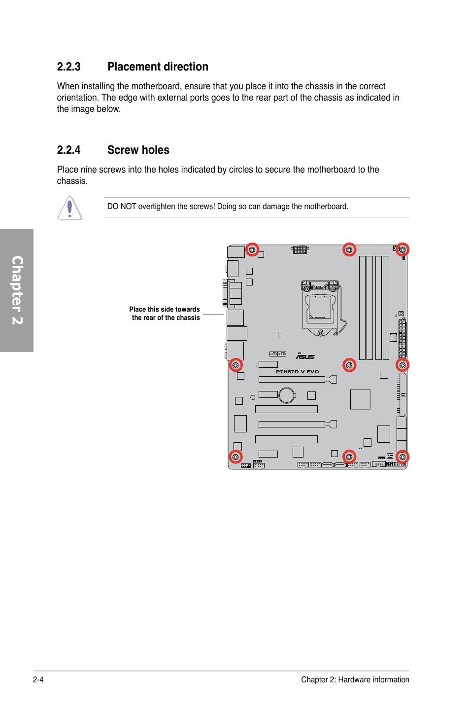 3 placement direction, 4 screw holes, Placement direction -4 | Screw holes -4, Chapter 2 | Asus P7H57D-V EVO User Manual | Page 22 / 128