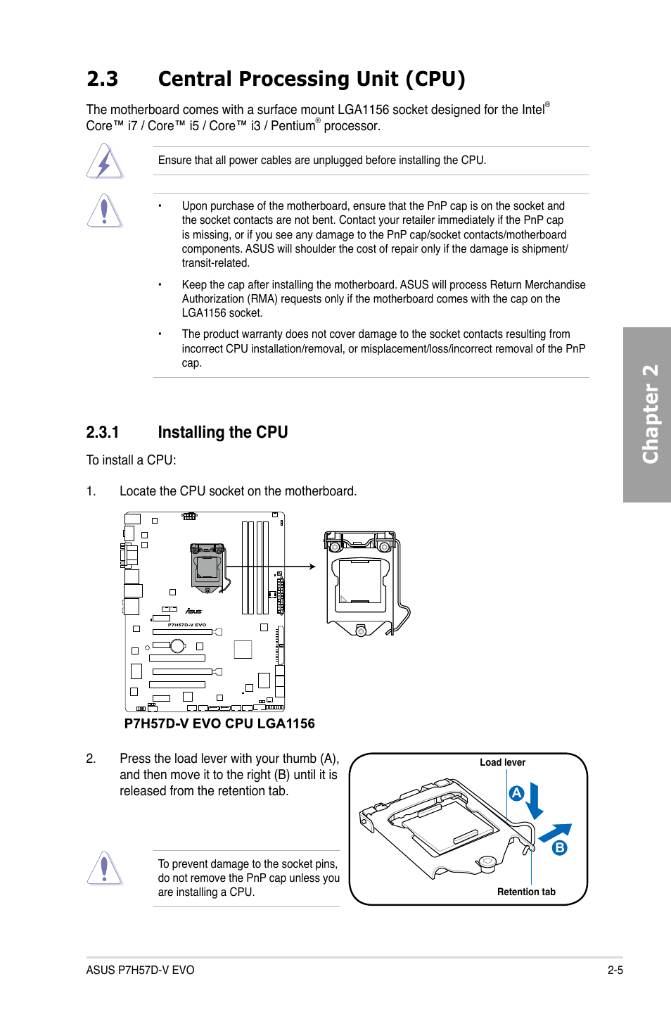 3 central processing unit (cpu), 1 installing the cpu, Central processing unit (cpu) -5 2.3.1 | Installing the cpu -5, Chapter 2 2.3 central processing unit (cpu) | Asus P7H57D-V EVO User Manual | Page 23 / 128