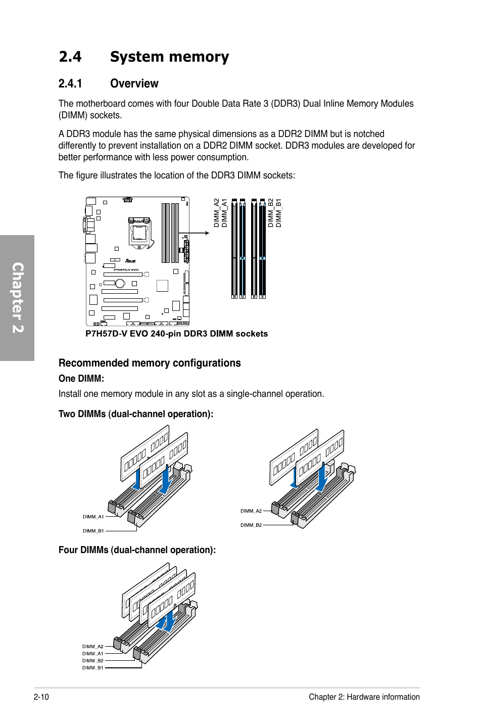 4 system memory, 1 overview, System memory -10 2.4.1 | Overview -10 | Asus P7H57D-V EVO User Manual | Page 28 / 128