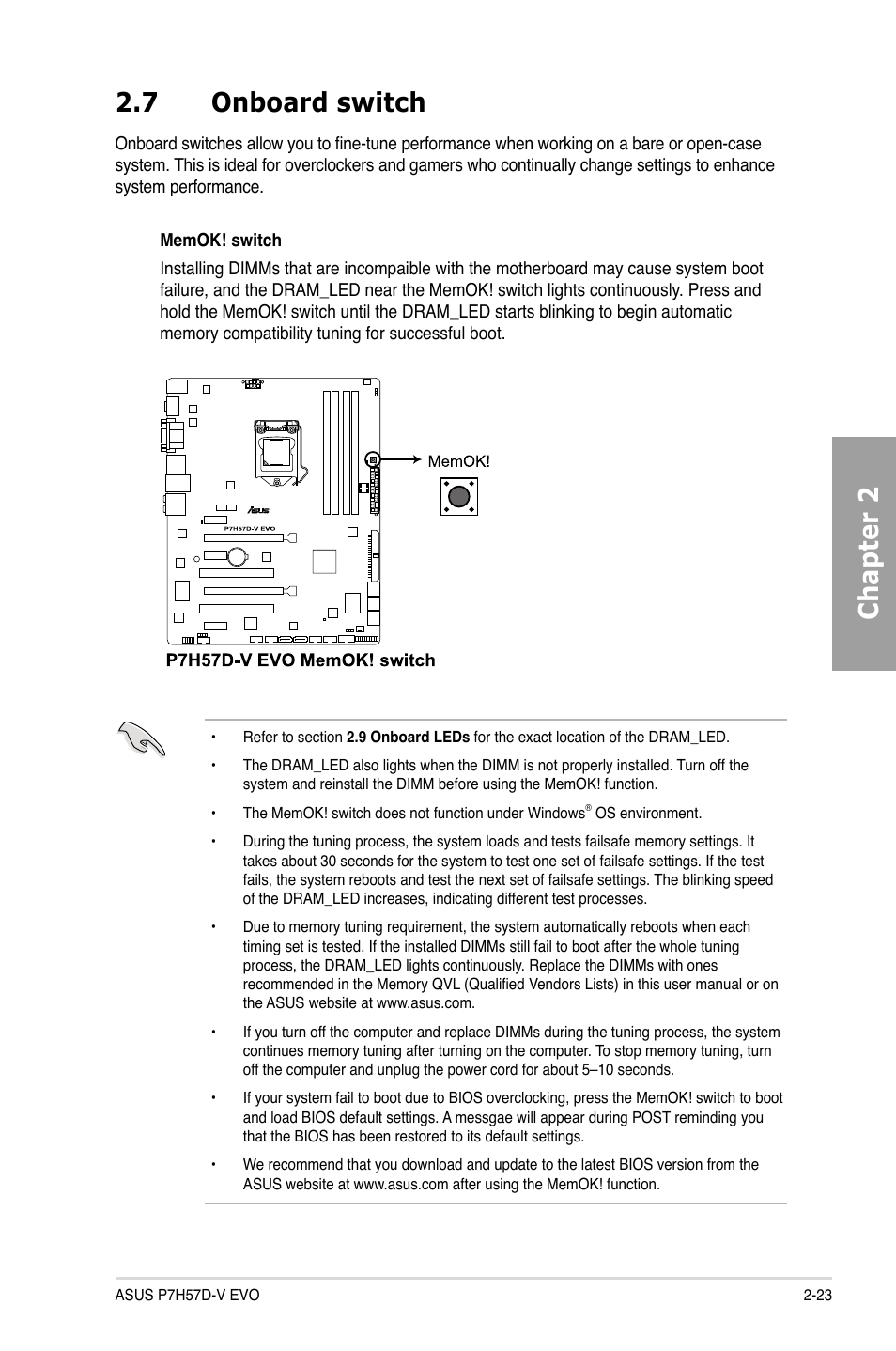 7 onboard switch, Onboard switch -23, Chapter 2 2.7 onboard switch | Asus P7H57D-V EVO User Manual | Page 41 / 128