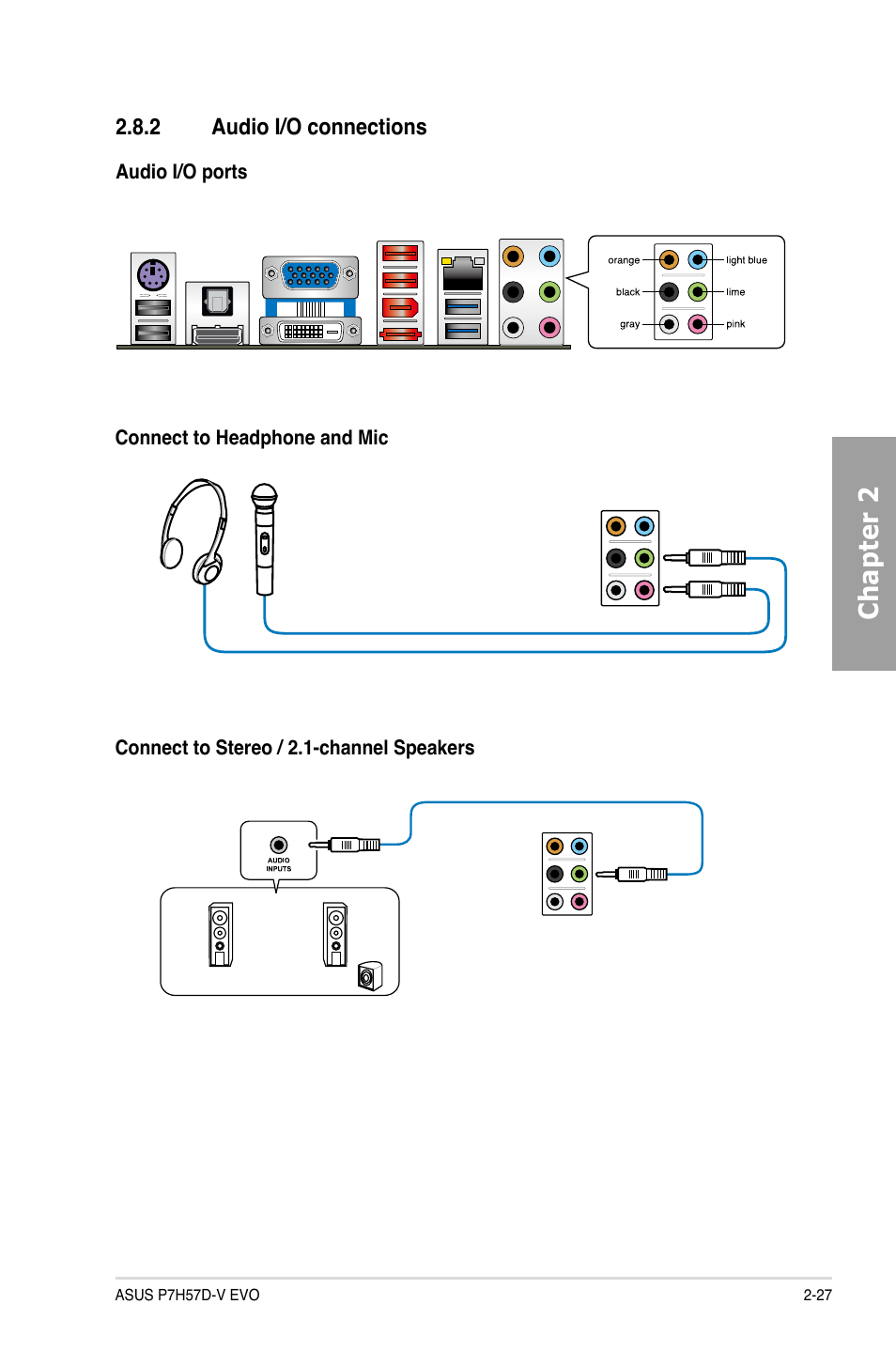 2 audio i/o connections, Audio i/o connections -27, Chapter 2 | Asus P7H57D-V EVO User Manual | Page 45 / 128