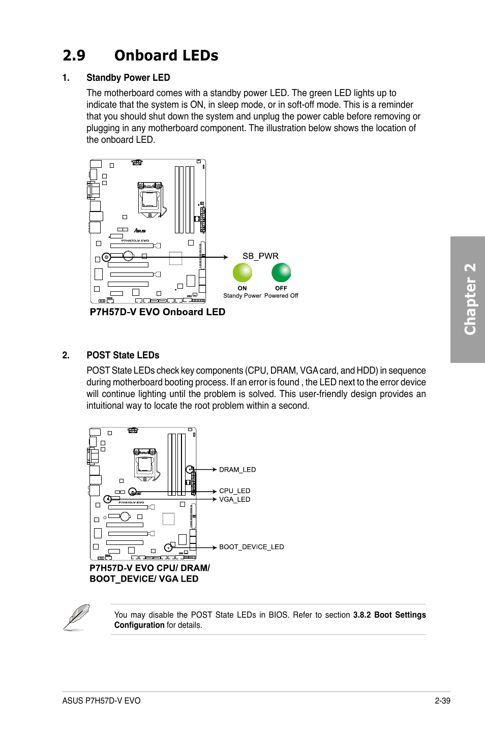 9 onboard leds, Onboard leds -39, Chapter 2 2.9 onboard leds | Asus P7H57D-V EVO User Manual | Page 57 / 128